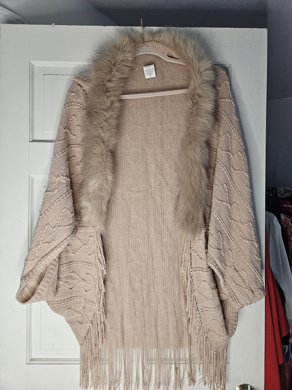 SHEIN Rose Faux-Fur Trim Fringe Knit Poncho Cardigan#277